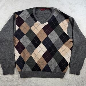 American Blue Sweater Mens XL Grey Argyle 100% Himalayan Yak V-Neck Soft